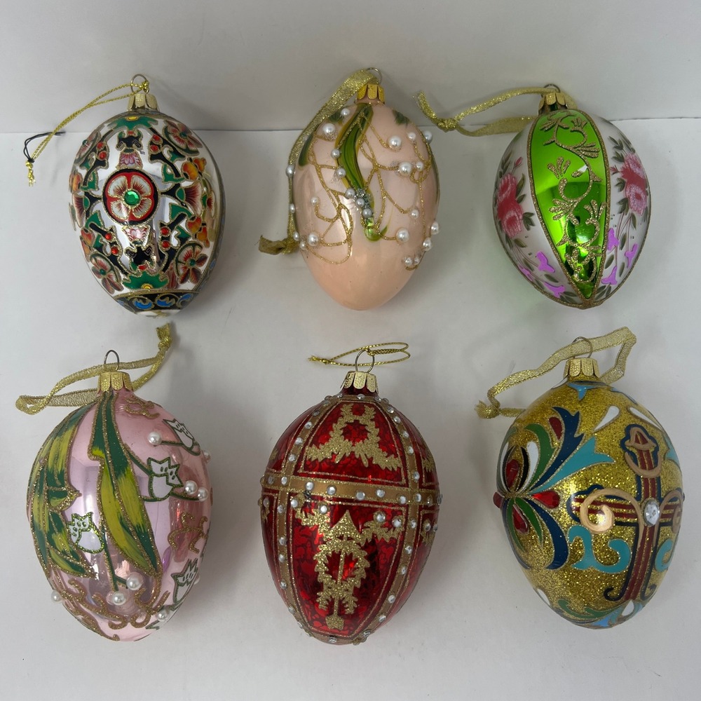 Joan Rivers Glass Egg Ornaments Christmas Multicolor Rhinestone Glitter 6pc 3.5"